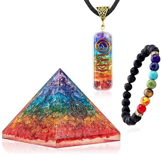 3 in 1 Orgone pyramid with Pendant and Bracelet Chakra set